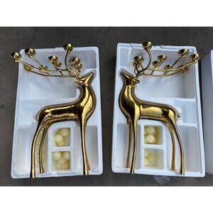 Pottery Barn 20” Polished Brass Reindeer Candelabra PAIR Original Boxes &Candles
